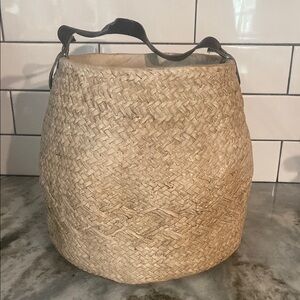 Large concrete woven basket planter with vegan leather handle. Heavy. Artsy boho